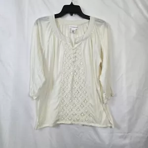 Sag Harbor Women's Ivory Round Neck 3/4 Sleeve Lace Detail Office Blouse Large - Picture 1 of 7