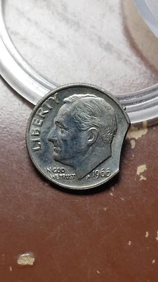 1966 Roosevelt Dime 10C AU+ Mint Error Clipped Planchet                     W562 - Image 1 of 2