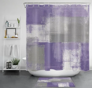 Abstract Purple Geometric Grey and White Shower Curtain Set for Bathroom Decor - Picture 1 of 20