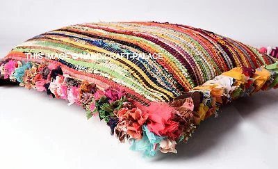 Alfombra grande de trapo Chindi de 24" decorativa sofá cojín almohada funda bohemia Foto 1 de 3