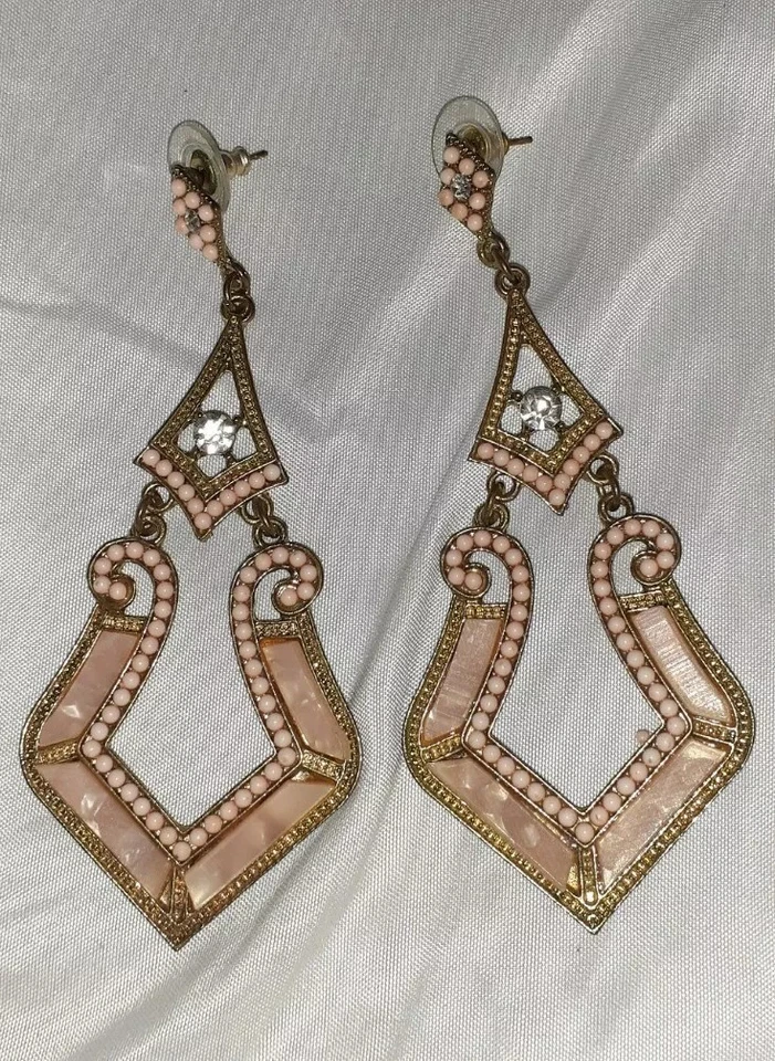 Genuine Rose Quartz Pink Unique Dangle Drop Earrings Victorian Art Deco Style - Image 1 of 4