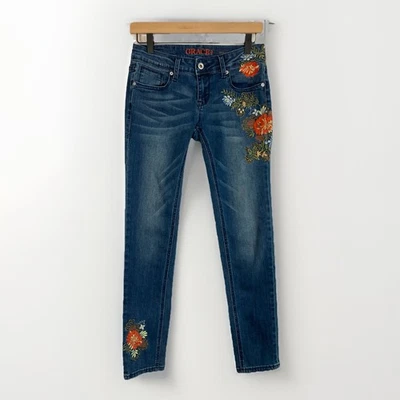 Jeans Grace in LA W26 Azul Ajustado Bordado Floral Elastizado Boho 5 Bolsillos Foto 1 de 4