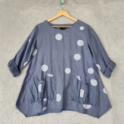 Lindo top de lino Ali Miles para mujer talla mediana azul country delantal a lunares bolsillos Foto 1 de 4