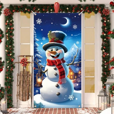 Christmas Door Cover, Front Door Christmas Covers Snowman Background Banner  - Image 1 of 4