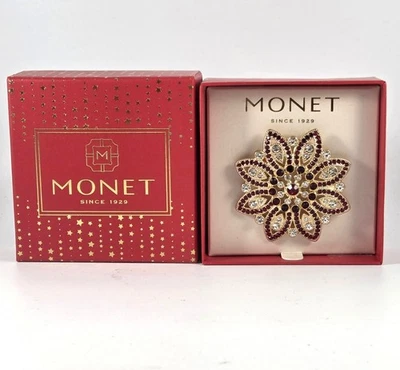 Broche Monet Tono Dorado Estrás Poinsettia Rojo y Transparente Caja Original Nuevo Foto 1 de 4