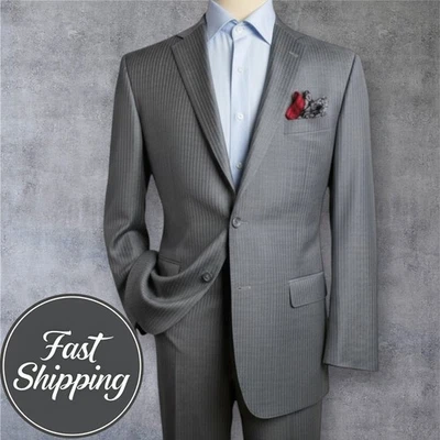 JOS A BANK Gold Men’s 2-Piece Suit 44L Blazer 38x30 Pants Gray Wool 2-Btn Jacket - Image 1 of 4