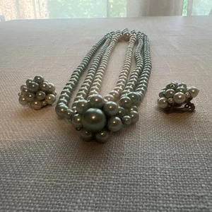 Vintage Japan Beaded Necklace & Clip On Earrings Set Cluster Aqua Faux Pearl - Picture 1 of 10