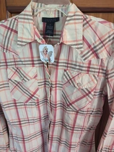 Camicia western donna limitata elasticizzata taglia SM rosa/marrone check bottoni a scatto perla - Foto 1 di 8
