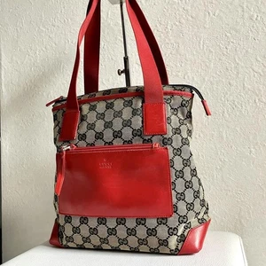 GUCCI GG Canvas Tote Bag Leather Red Used - Picture 1 of 19