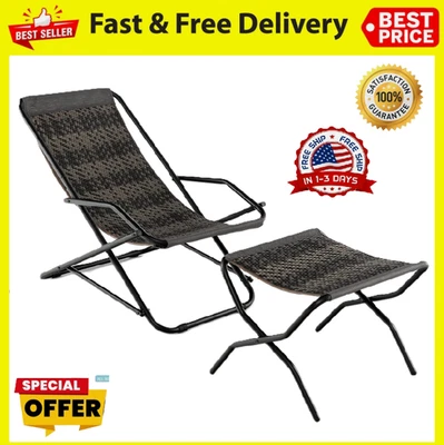 Silla Eslinga de Mimbre Exterior con Otomana, Silla de Patio con Asiento de Ratán Metal Foto 1 de 4