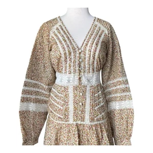 Vestido Verónica Barba Addilyn Talla 0 Beige Verde Floral Boho Campesino Crochet Encaje - Imagen 1 de 19