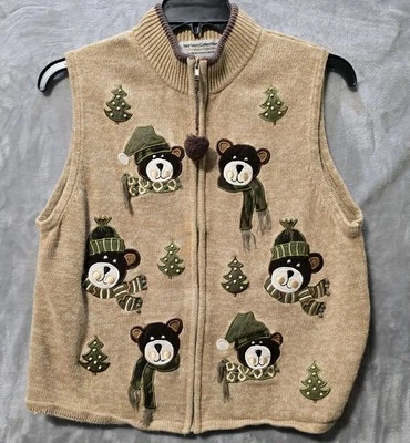 Chaleco Suéter Navidad Vintage Y2K Reliquia Coleccionables XL Osos Árboles Cremallera Bronceado Foto 1 de 4