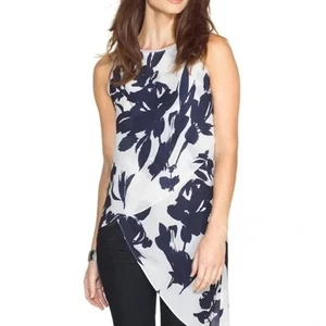 WHITE HOUSE BLACK MARKET Navy & White Floral Asymmetric Layered Tunic Tank L - Picture 1 of 6