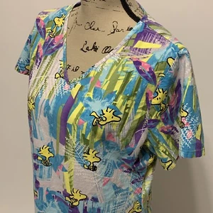 Peanuts Scrub Top Woodstock Leaves Yellow V Neck Pockets Womans Small - Picture 1 of 7