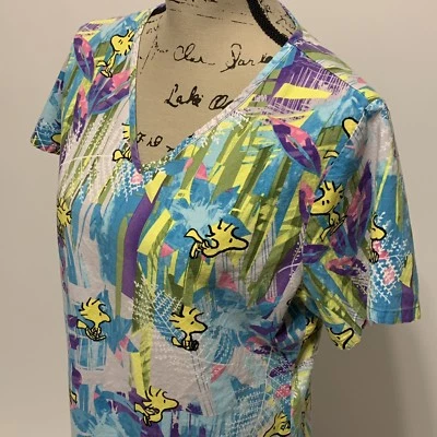Peanuts Scrub Top Woodstock Leaves Yellow V Neck Pockets Womans Small - Image 1 of 4