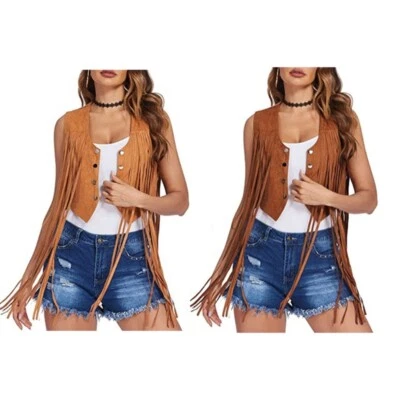 Fringe Vest Women Faux Suedes Cowgirl Costume Open Tassels Hippie Clothes - Image 1 of 4