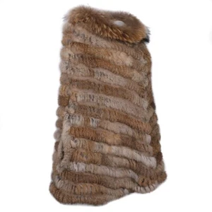 Women's Pullover Poncho Real Rabbit Fur Knitted Cape Shawl Raccoon Fur Collar - Picture 1 of 54