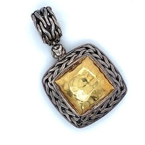 John Hardy 925 Sterling Silver & 22K Yellow Gold Palu Square Hammered Pendant - Picture 1 of 8