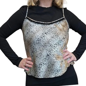 90s Medium Satin Leopard Print Cami Tank Black Suede Fringe Cream Champagne - Bild 1 von 11