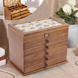 Vintage große Schmuck Organizer Holz Aufbewahrungsbox 6 Schichten Koffer + 5 Schubladen USA - Bild 1 von 16