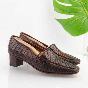 Sesto Meucci Italy Women's Pump Size 8 Retro Low Block Heel Woven Leather Brown - Picture 1 of 12
