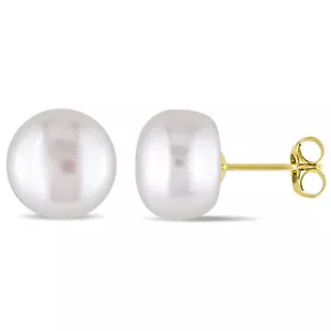 Amour 10k Yellow Gold 9-10 mm Button White Cultured Freshwater Pearl Earrings - Picture 1 of 5