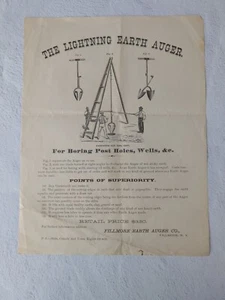 The Lightning Earth Auger Fillmore NY Broadside Advertisement, Post Holes, Wells - Imagen 1 de 5
