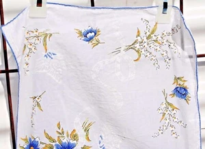 Vintage 1950's Hankie Handkerchief Cobalt Blue Floral with Butterfly, 13” x 14” - Picture 1 of 4