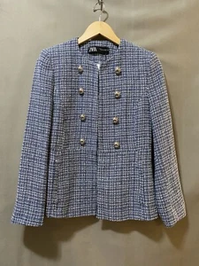 NWOT ZARA Women Long Sleeve Double Breasted Fitted Tweed Blazer SZ M Blue White - Picture 1 of 17