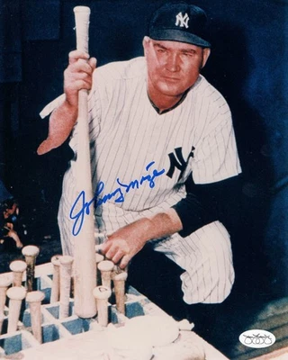 Johnny Mize Signed Autographed 8X10 Photo NY Yankees Dugout Holding Bat JSA - Image 1 of 2