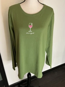 Life Is Good Women's Wine Glass Green Long Sleeve Shirt Sz. XL - Picture 1 of 10