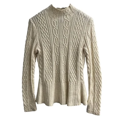 Lauren Ralph Lauren Sweater Womens M Ivory Mixed Cable Knit High Neck Preppy - Image 1 of 4