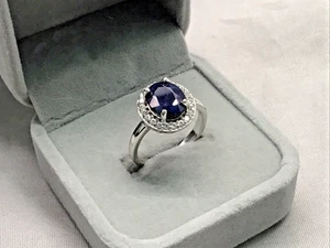 SIMPLY ELEGANT SYN. SAPPHIRE HALO STERLING SILVER RING WITH CZ ACCENTS ~ SIZE 7 - Picture 1 of 9