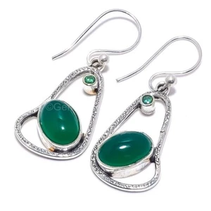 Green Onyx Stone Emerald Quartz 925 Sterling Silver Dangle Birthday New Earrings - Picture 1 of 7