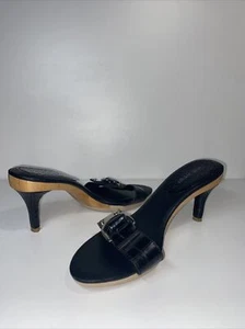 Nine West Dougan Black Leather Slide Kitten Heel Sandal with Buckle Sz. 7 - Picture 1 of 14