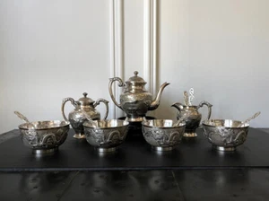 Rare Chinese Export Sterling Silver Tea Set with Dragon Design Tianjing Wuhua - Picture 1 of 12