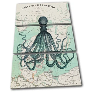 Octopus Retro Blue Teal Maps Flags TREBLE CANVAS WALL ART Picture Print - Picture 1 of 1