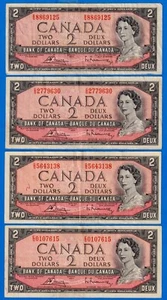 Canada $2 1954 BC-38c P-76c 4 Cons. Prefixes  B/G-E/G - 4 Circ.  Notes QE  L54#8 - Picture 1 of 3