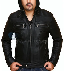 Mens Biker Hunt Slim Fit Black Leather Fleeced Detach Hood Biker Style Jacket - Picture 1 of 5
