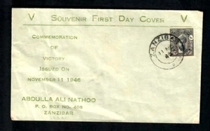 CO1 Zanzibar Souvenir F.D.C. Comm. of Victory  Nov. 11, 1946 Abdulla Ali Nathoo - Picture 1 of 2