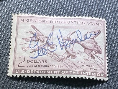 Estampilla de pato federal de Estados Unidos Scott # RW20 usada azul-ala verde azulado c. 1953 goma completa Foto 1 de 2