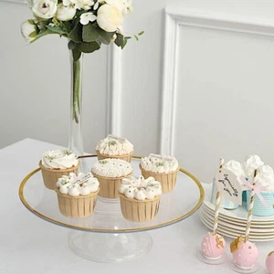 CLEAR 2 Round 12" Plastic CAKE STAND Dessert Display Riser Gold Rim Party Events - Picture 1 of 8