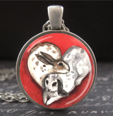 Bunny Rabbit Necklace Antique Silver Heart Charm Pendant Valentine's Day Jewelry - Image 1 of 3