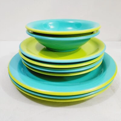 9pc Vtg Melamine Camping Dinnerware Set Small & Dinner Plate Bowls Blue Green - Image 1 of 4