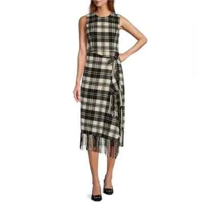 NWT Antonio Melani Tula Plaid Print Belted Wrap Front Fringe Hem Dress 14 - Image 1 of 4