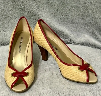 Andrew Geller Tallie Raffia Woven Tan Heels Women’s Size 6 M Red Trim Peep Toe - Image 1 of 4