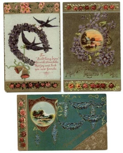 LOTE DE 3 ~ Borde rosa ~ hermosos saludos florales en relieve ~ postales sku631 - Imagen 1 de 2