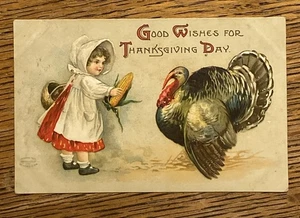 GIRL Feeds Turkey Clapsaddle Antique THANKSGIVING Vtg Emb Postcard—Emporia, KS - Picture 1 of 3