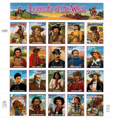1993 Legends Of The West Set Of 20 Stamps 29c Postage USPS Collection Full Sheet - Image 1 of 2