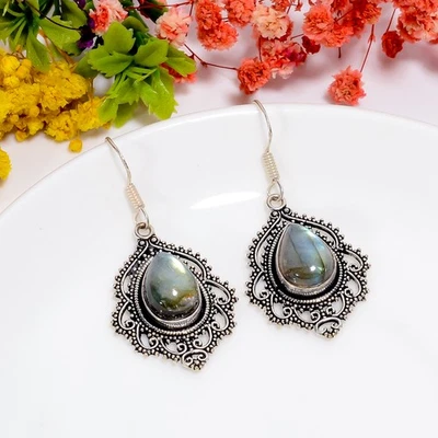 Labradorite Gemstone Vintage Handmade 925 Sterling Silver Earrings 2" O888 - Image 1 of 4